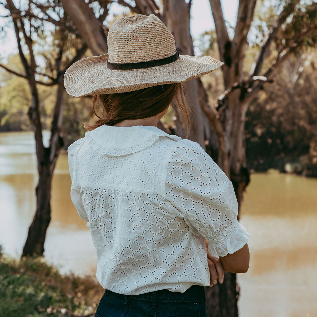 Person wearing a wide-brimmed hat by a body of water with trees in the background