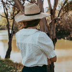 Person wearing a wide-brimmed hat by a body of water with trees in the background