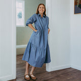 Tiered Collared Chambray Cotton Dress Featuring Liberty Fabrics