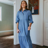 Tiered Collared Chambray Cotton Dress Featuring Liberty Fabrics