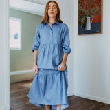 Tiered Collared Chambray Cotton Dress Featuring Liberty Fabrics