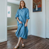 Tiered Collared Chambray Cotton Dress Featuring Liberty Fabrics