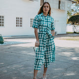 Linen Gingham Shirt Dress - Green