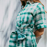 Linen Gingham Shirt Dress - Green