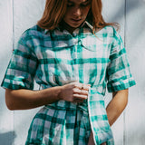 Linen Gingham Shirt Dress - Green