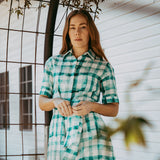Linen Gingham Shirt Dress - Green