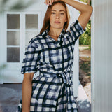 Linen Gingham Shirt Dress - Navy