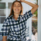 Linen Gingham Shirt Dress - Navy