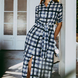 Linen Gingham Shirt Dress - Navy