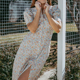 Frill Collar Long Dress with Short Cuff Sleeve Ditsy Floral