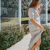 Frill Collar Long Dress with Short Cuff Sleeve Ditsy Floral