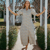 Frill Collar Long Dress with Short Cuff Sleeve Ditsy Floral