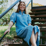 Frill Collared Maxi Dress in Blue Linen