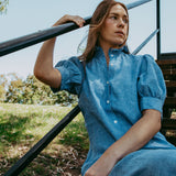 Frill Collared Maxi Dress in Blue Linen