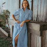 Frill Collar Long Dress with Short Cuff Sleeve Blue Stripe
