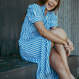 Frill Collar Long Dress with Short Cuff Sleeve Blue Stripe