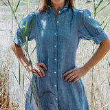 Frill Collared Maxi Dress in Blue Linen