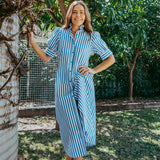 Frill Collar Long Dress with Short Cuff Sleeve Blue Stripe