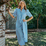 Frill Collar Long Dress with Short Cuff Sleeve Blue Stripe