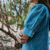 Frill Collared Maxi Dress in Blue Linen