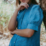 Frill Collared Maxi Dress in Blue Linen