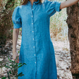 Frill Collared Maxi Dress in Blue Linen