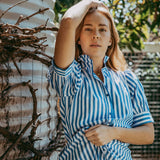 Frill Collar Long Dress with Short Cuff Sleeve Blue Stripe