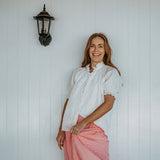 White Linen Frill Collared Short Sleeved Shirt