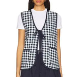Navy Gingham Longline Vest Cotton with ties. Worn with white t-shirt , navy shorts by FREE PEOPLE. 