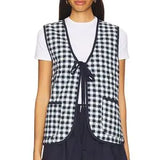 Navy Gingham Longline Vest Cotton with ties. Worn with white t-shirt , navy shorts by FREE PEOPLE. 