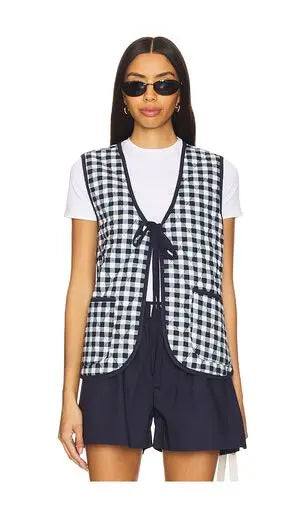 Navy Gingham Longline Vest Cotton with ties. Worn with white t-shirt , navy shorts by FREE PEOPLE. 