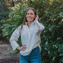 Iris White Cotton Blouse, Stand Collar & Blouson Sleeves, Sorority – front view