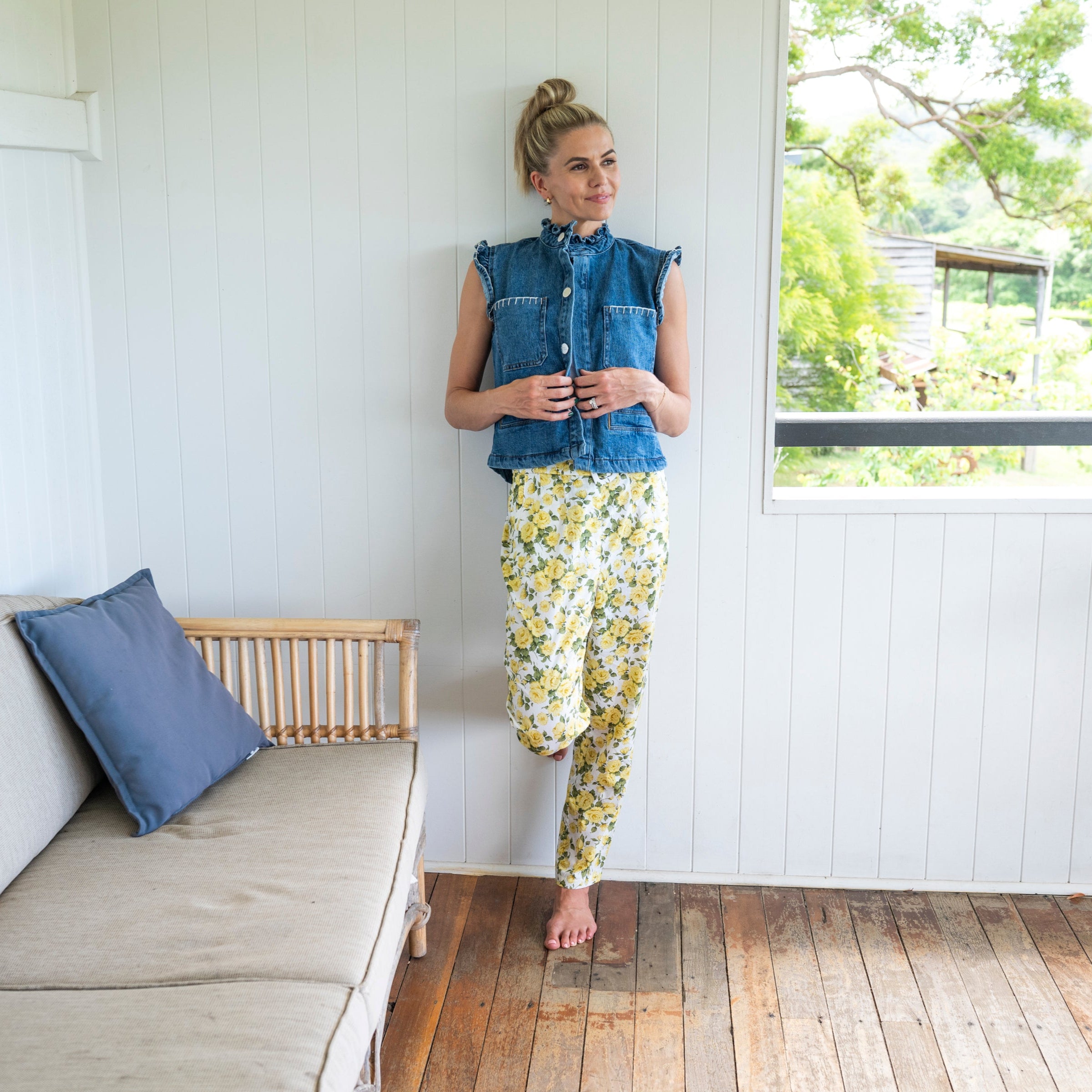 Denim Vest with Cotton Trousers in floral design with yellow tones. Blue Cotton Fabric with White Stitching