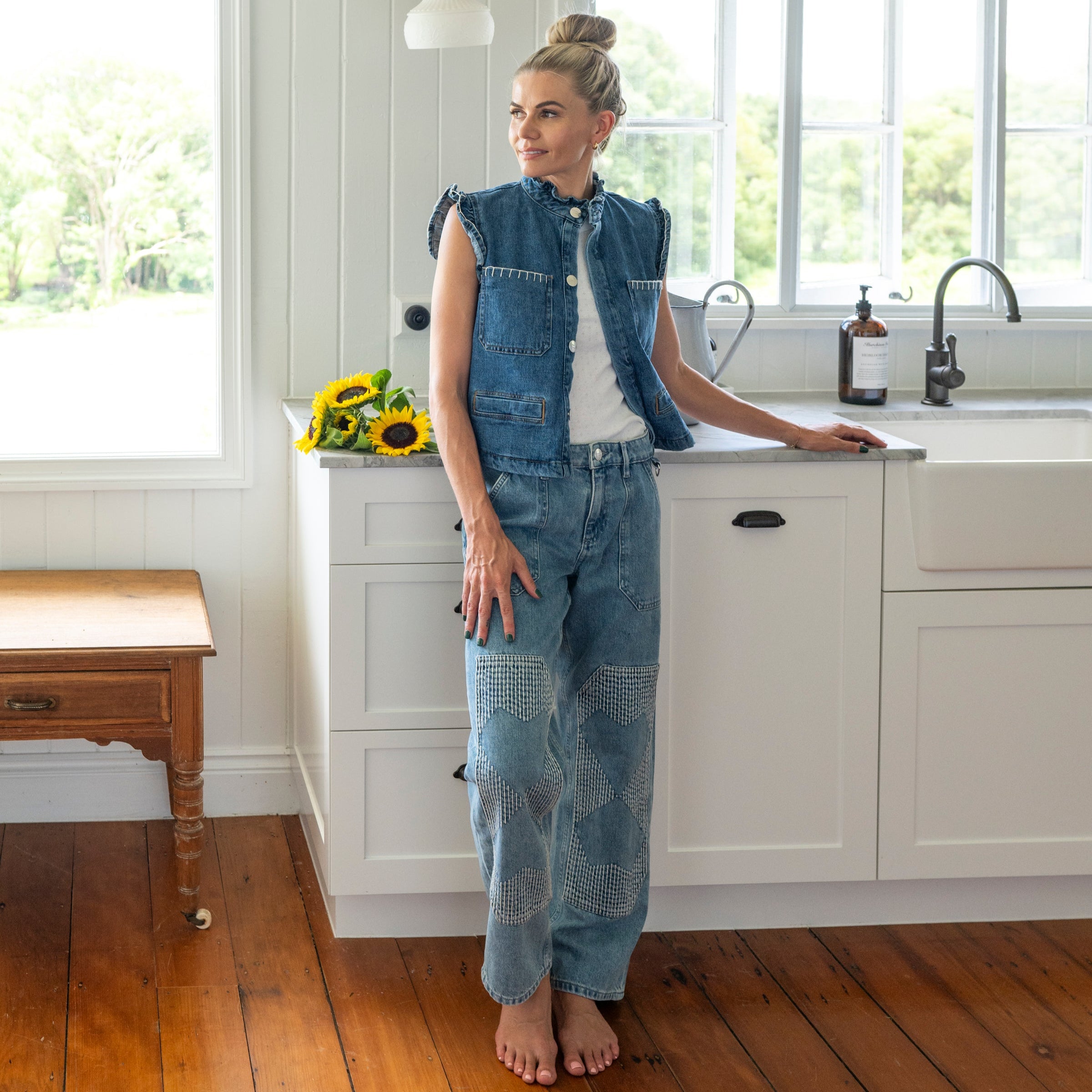 Double Denim with white singlet. Blue Denim Jeans and blue denim waistcoat/vest