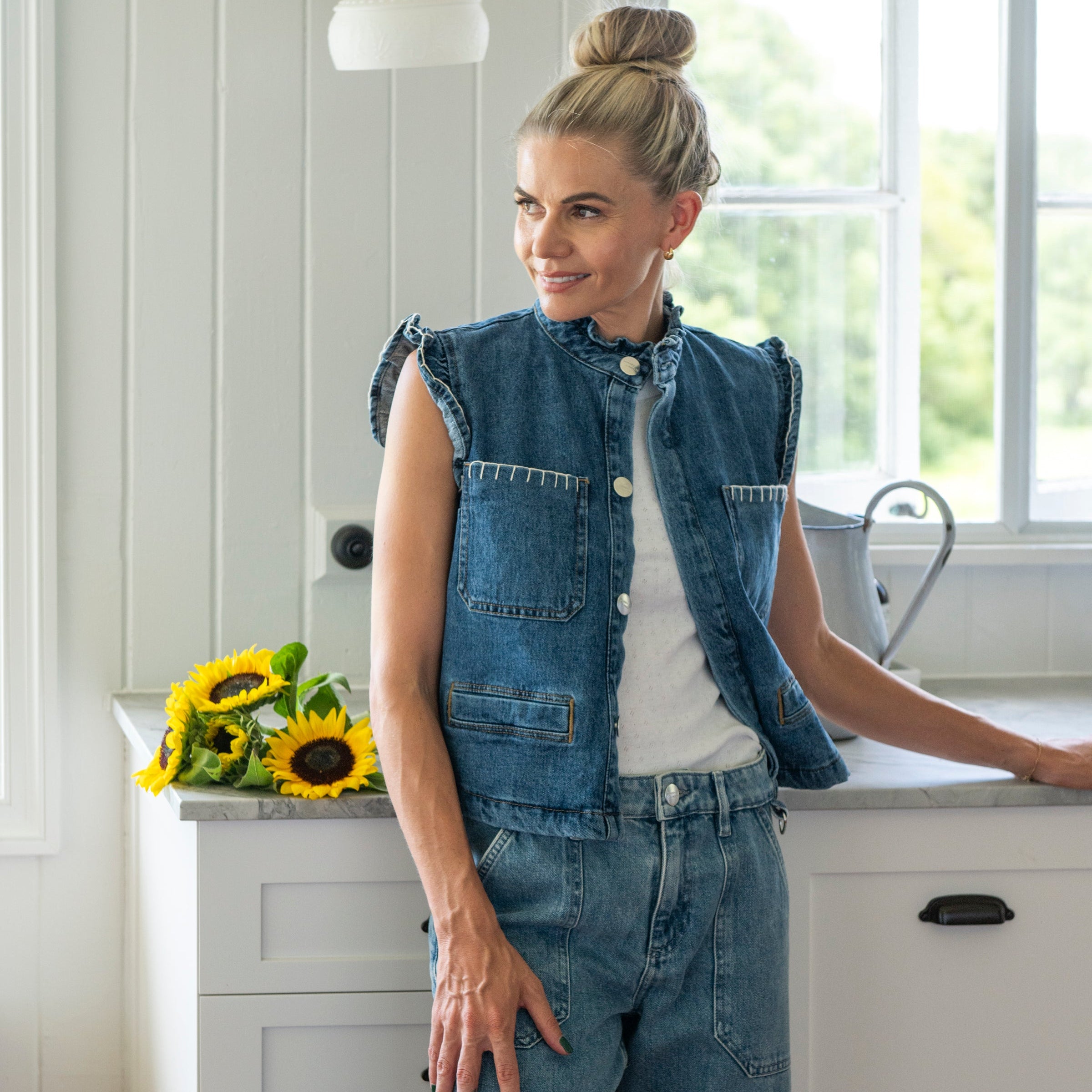 Denim Vest with Denim Jeans. Blue Cotton Fabric with White Stitching