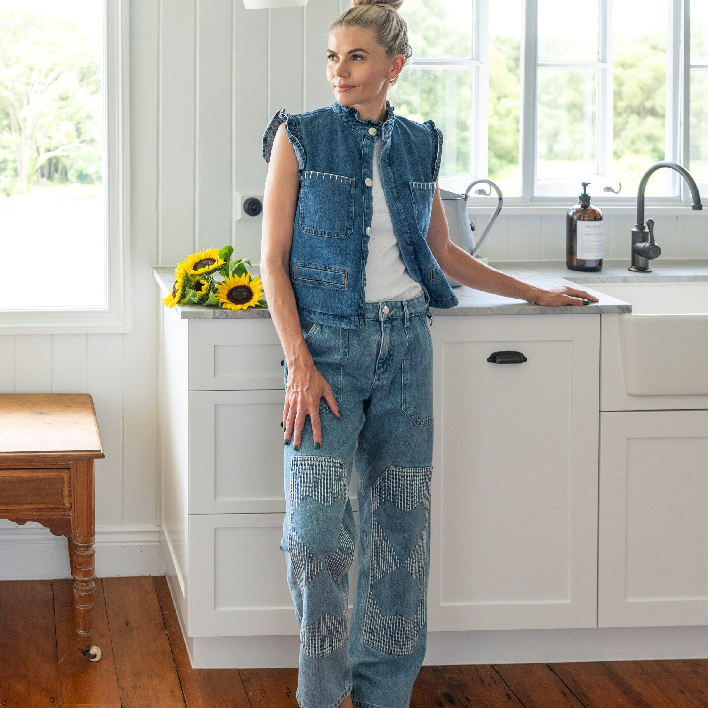 Denim Vest with Denim Jeans. Blue Cotton Fabric with White Stitching