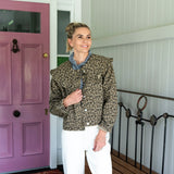 Denim Jacket with large Peter Pan Collar in Leopard Print white Jeans and gingham shirt