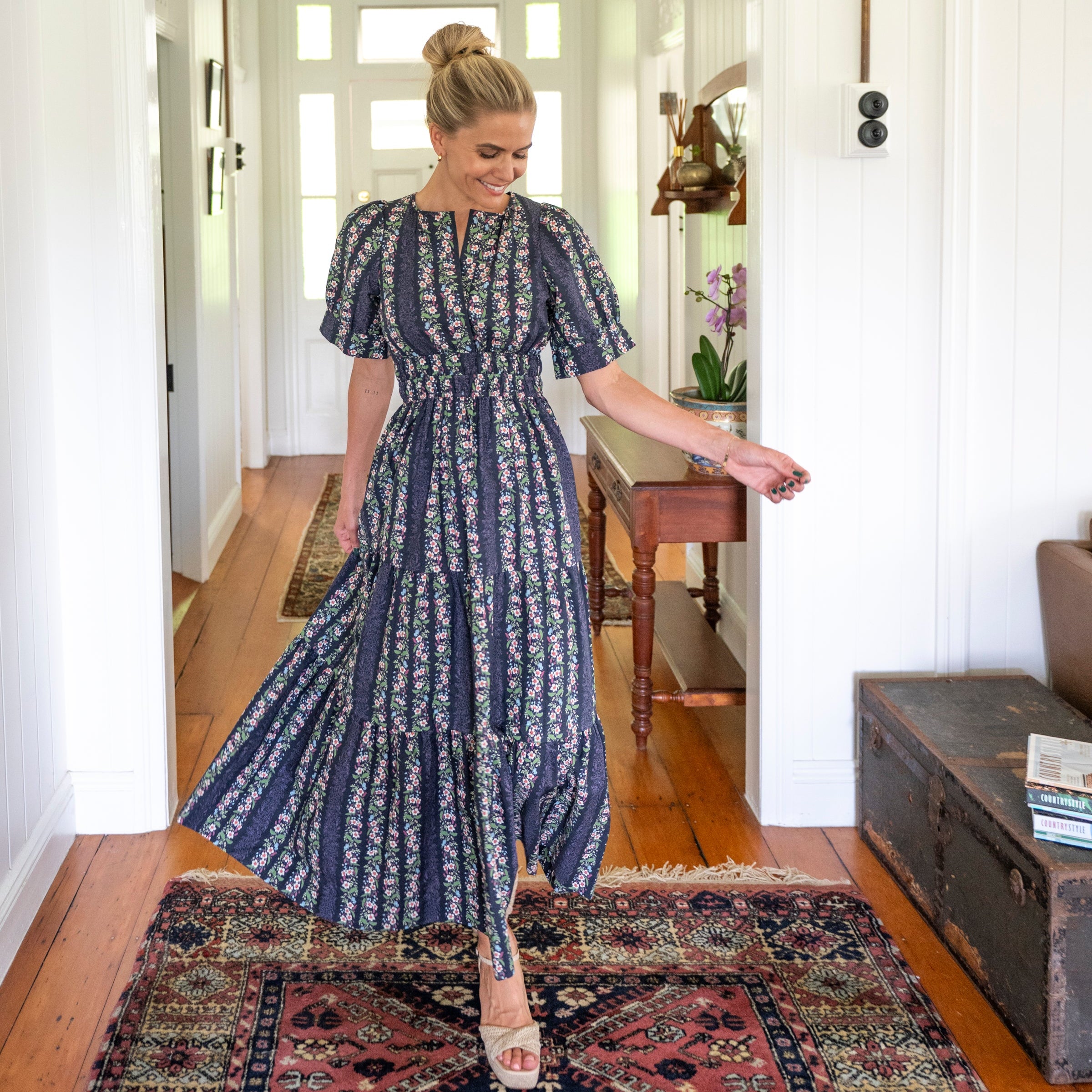 Navy Floral Cotton Maxi dress with cuff sleeve and shirred waist - breastfeeding friendly