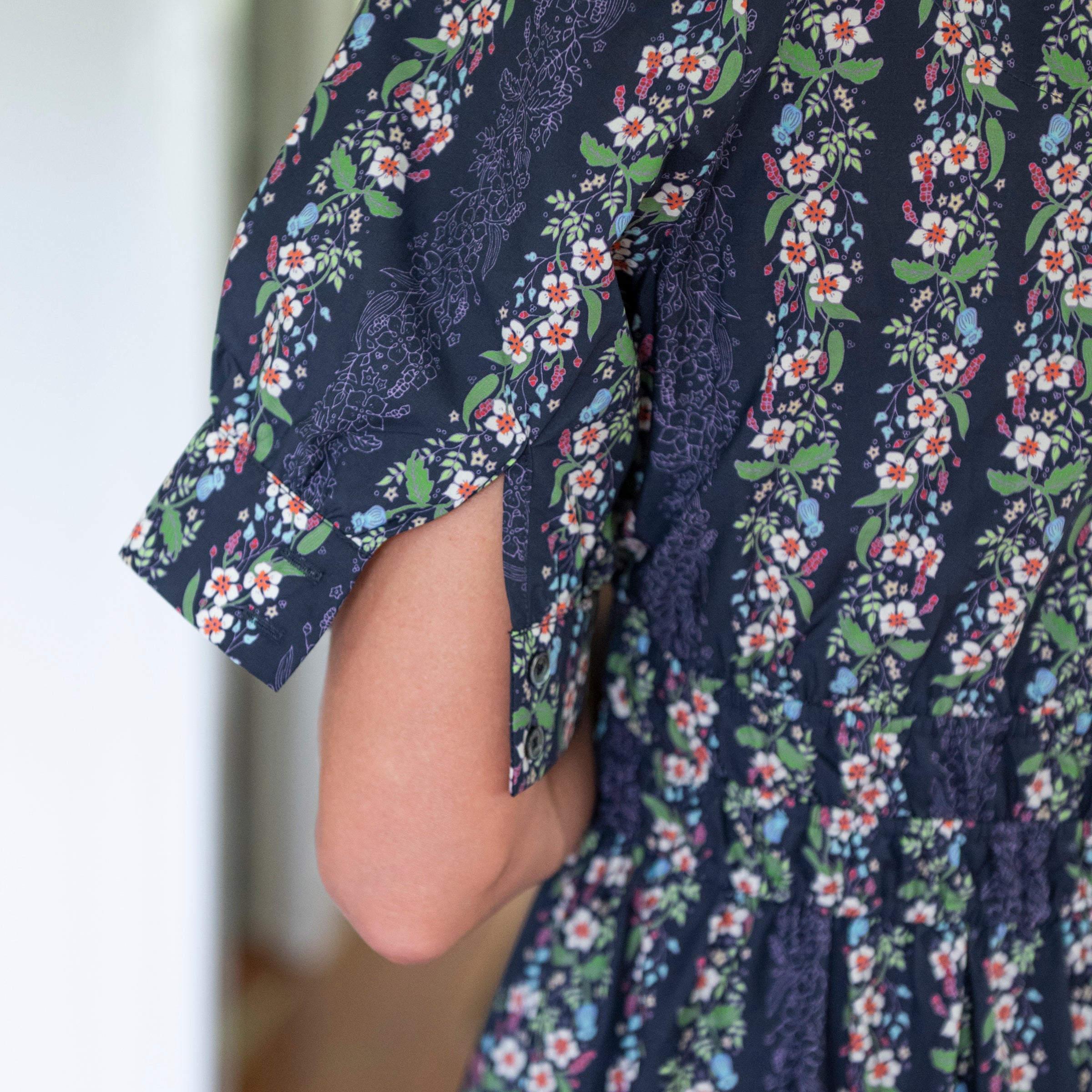 Cuff sleeves  navy floral cotton dress in full length