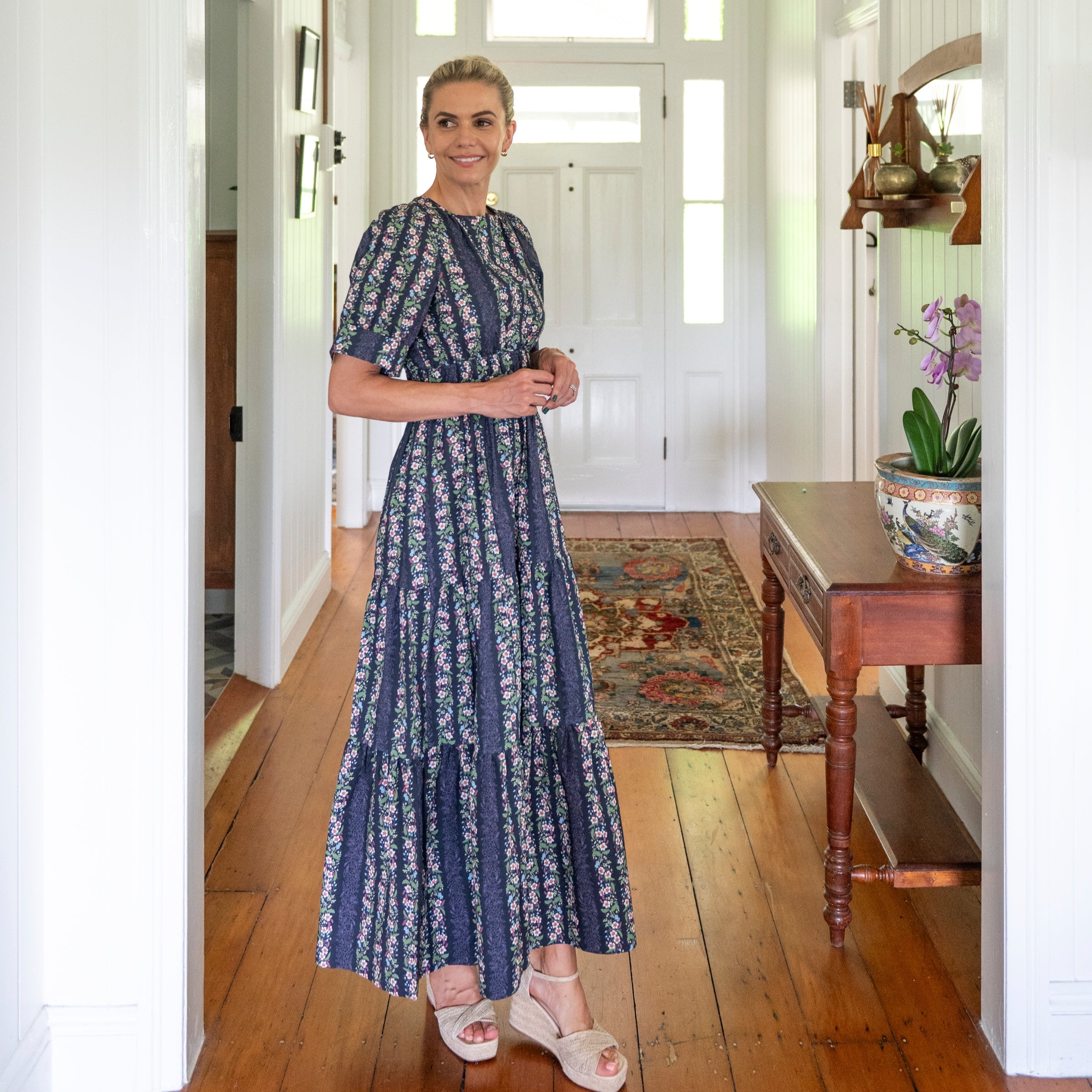 Navy Floral Cotton Maxi dress paired with edges 