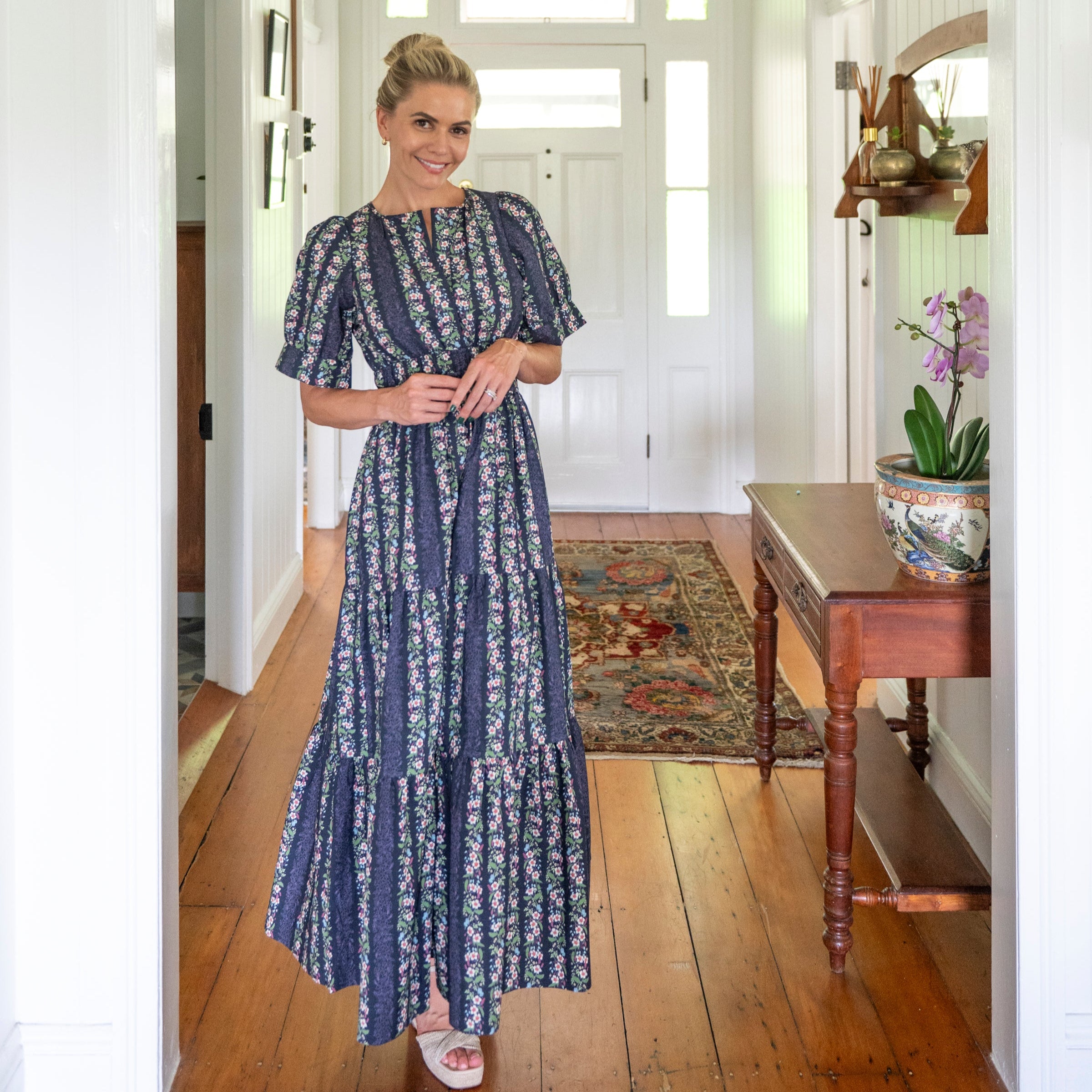 navy floral cotton dress in garden print