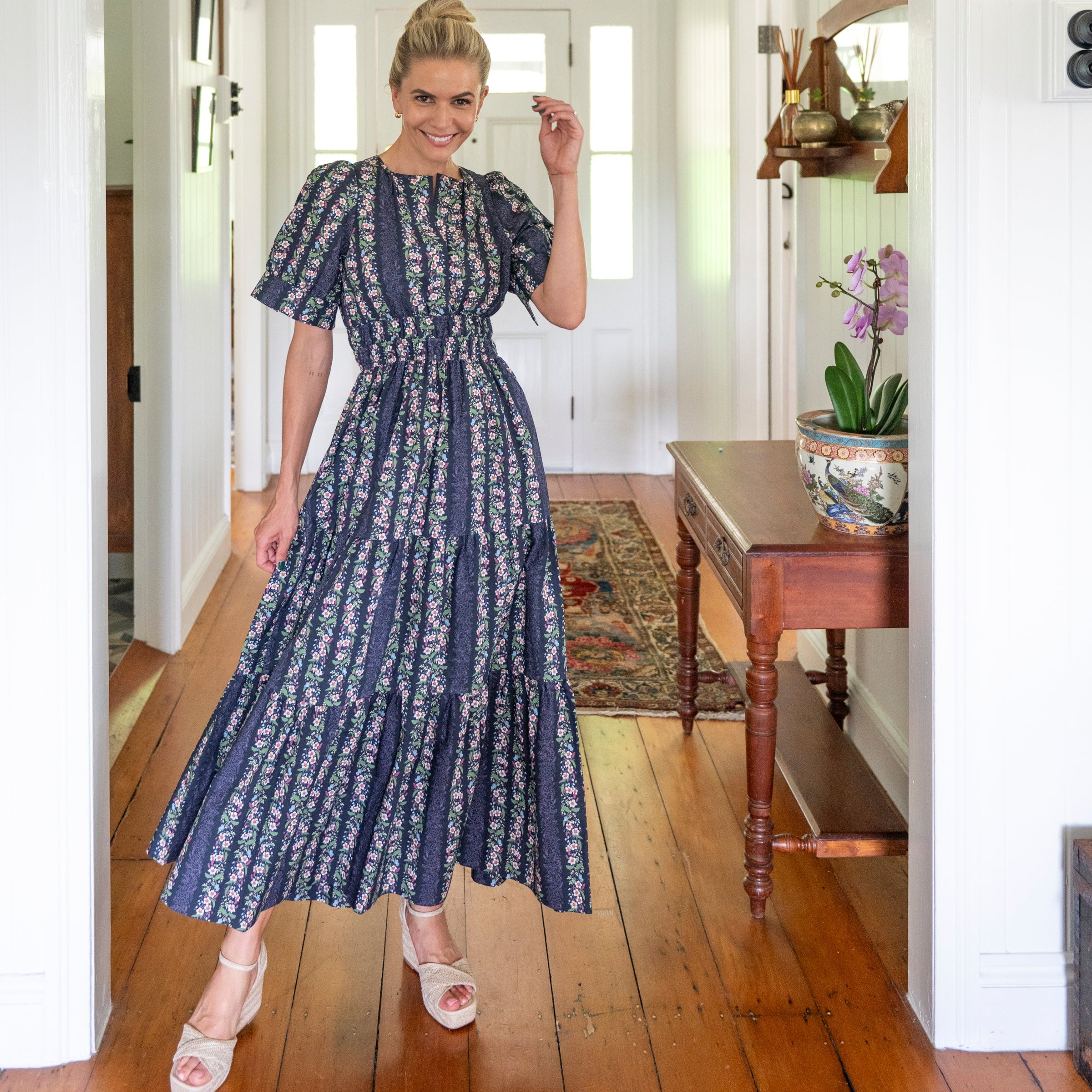 Navy Floral Cotton Maxi dress paired with wedges