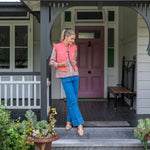 Gold Shoes with Blue Denim Jeans and Red Cotton Frill Collared Denim Vest with Floral Shirt