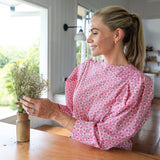 Pretty pink puff sleeve top with 3/4 sleeves and retro floral liberty fabrics cotton close up