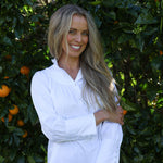 model wearing iris cotton blouse, front view