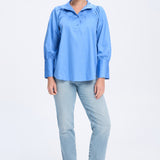 Maddie Blouse - Blue Cotton Stand Collar