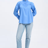 Maddie Blouse - Blue Cotton Stand Collar