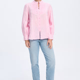 Blusa de algodón con estampado floral en azul marino y blanco y ribete blanco