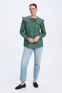Bottle Green Floral' large Collared Cotton Blouse – close-up detail