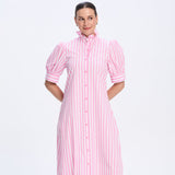 Millie Frill Collar Long Dress with Pink Stripe